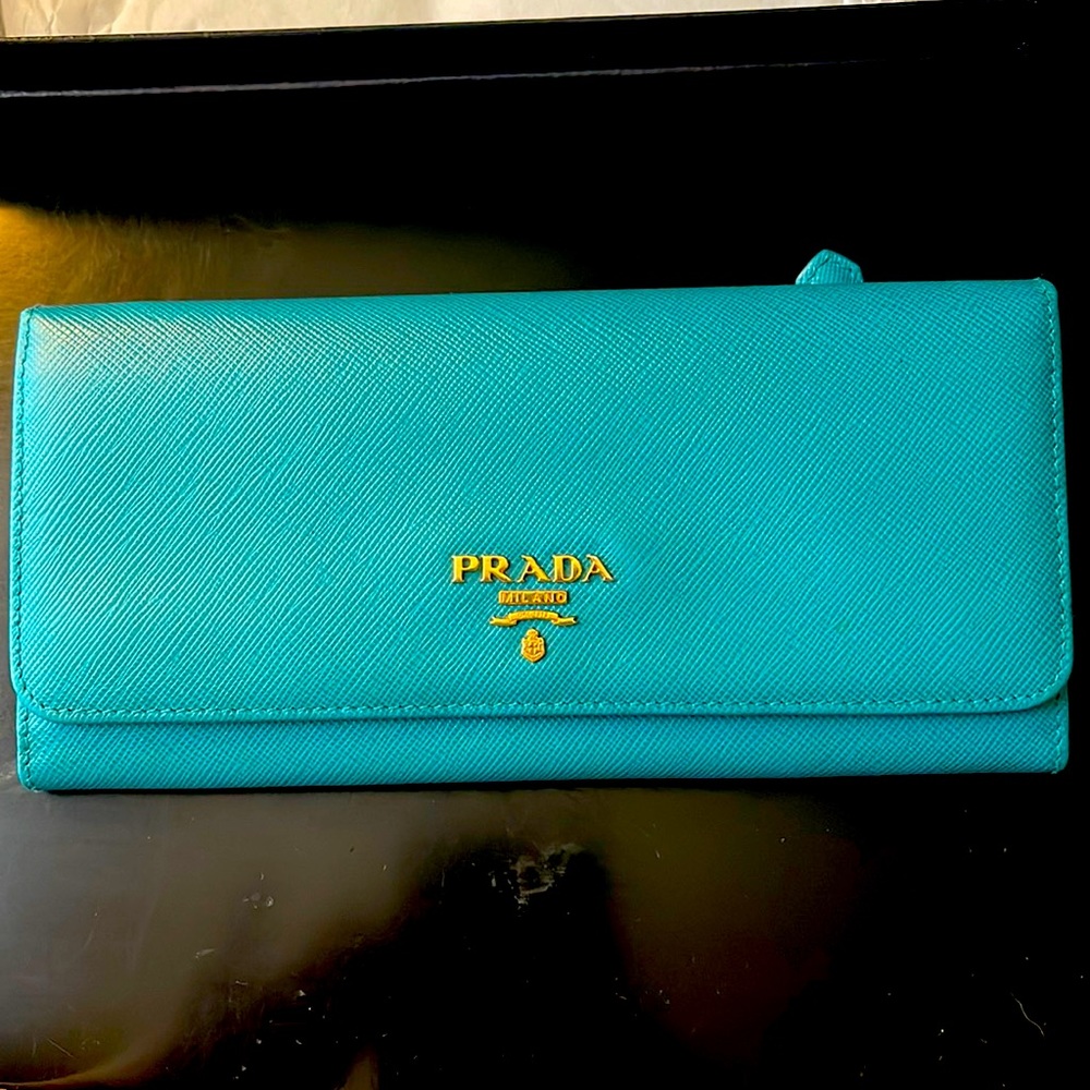 Prada Wallet - Teal/Turquoise/Blue - snap closure, gold hardware